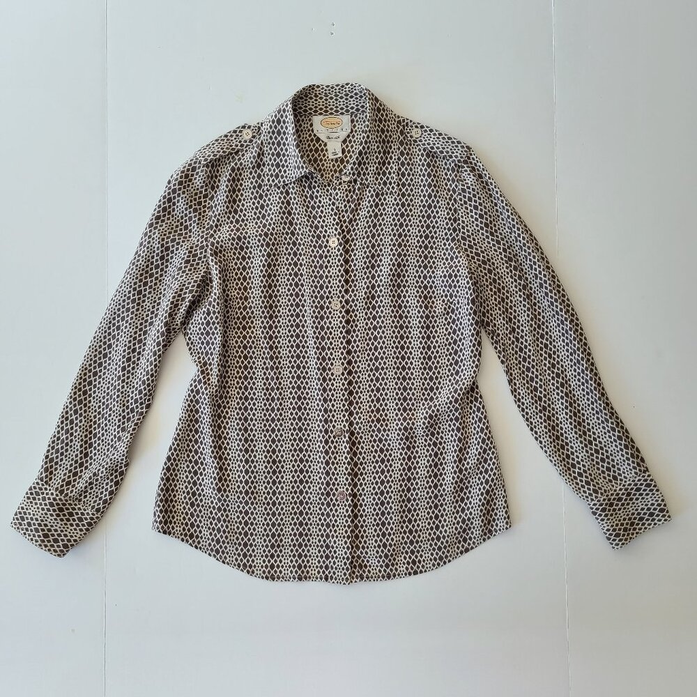 Talbots Silk Button Front Blouse 6P Petite Tan White Office Epaulets Long Sleeve